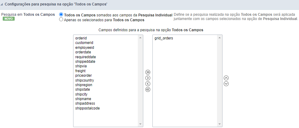 Interface de seleção dos campos do QuickSearch.