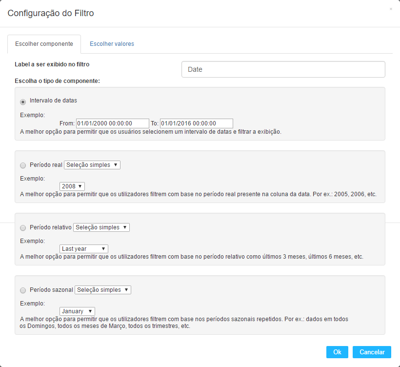 Configurações do campo data e datetime.