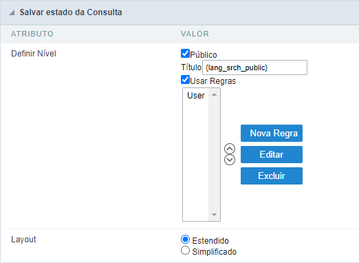 Configurações da opção de Salvar Grid