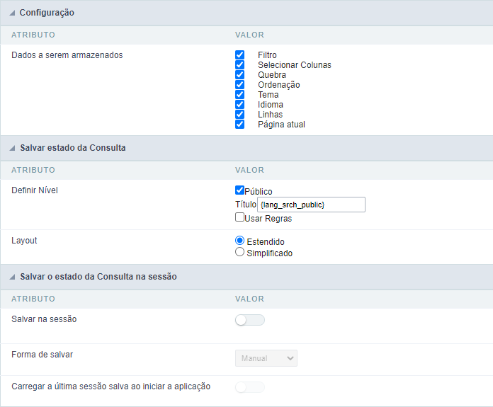 Configurações do salvar Grid