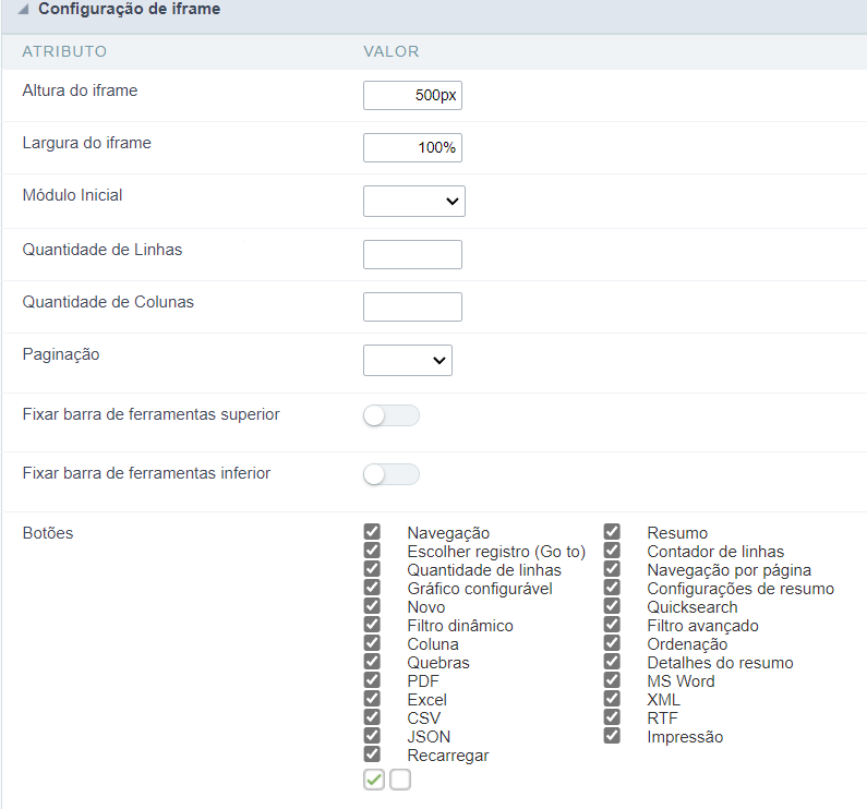 Bloco de atributos das Configurações das Subconsultas