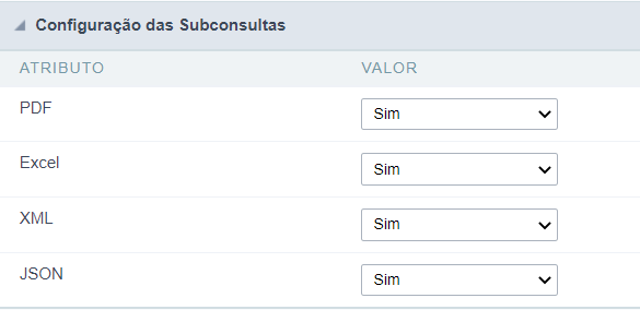 Bloco de atributos das Configurações das Subconsultas