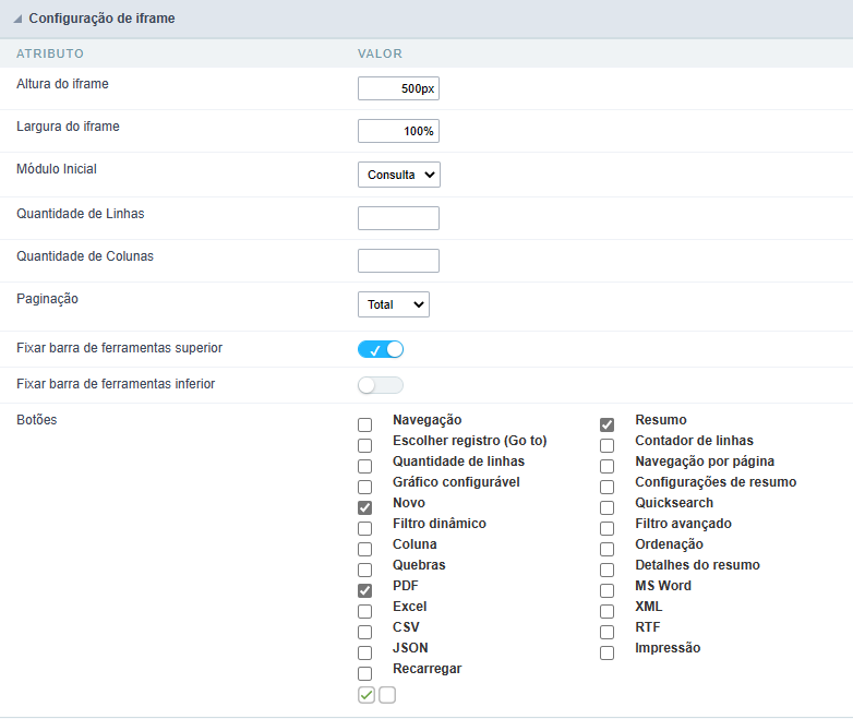 Tela de configuração individual da subconsulta