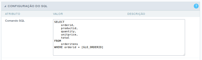 Configuração do SQL da Consulta que será usada como subconsulta através de ligação.