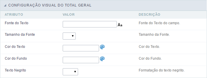 Interface Configuração da linha Total Geral.