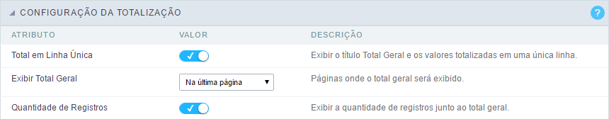 Interface Configuração da Totalização.