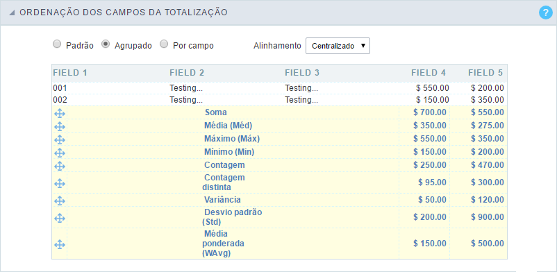 Interface da Ordenação dos Campos da Totalização ( Agrupado ).