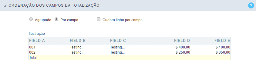 Interface da Ordenação dos Campos da Totalização ( Por Campo ).