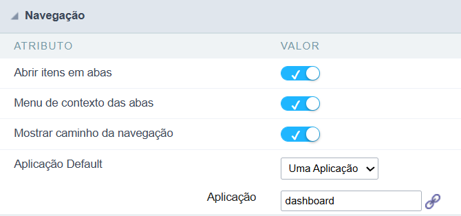 Interface Configuração de navegação do Menu.