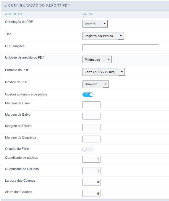 Interface de configuração do ReportPDF.