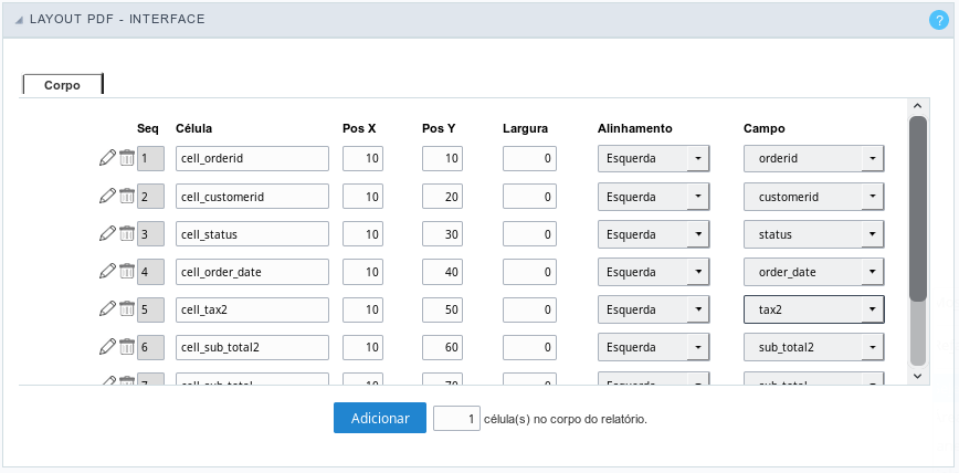 Interface de configuração do Layout do PDF.