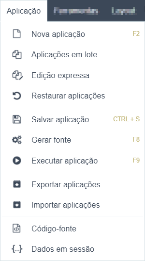 Lista de opções do menu Aplicação