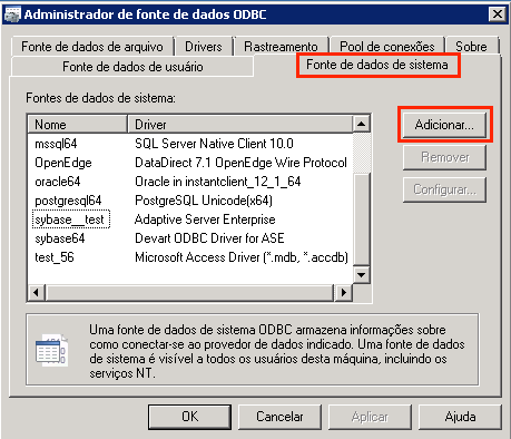 Acessando e configurando a Fonte de dados ODBC