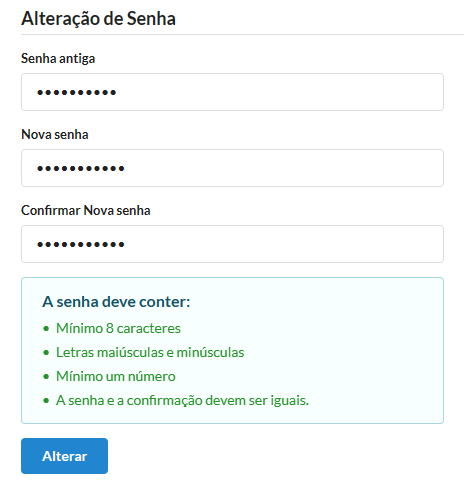 Tela de alterar a senha