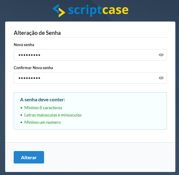 Tela de configuração da nova senha, no processo de recuperar senha