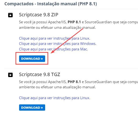 Página de Download do site