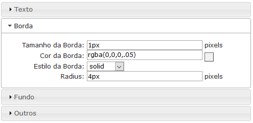 Configurações de borda dos objetos da barra de ferramentas