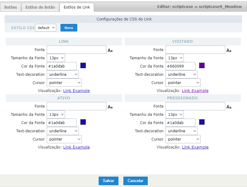 Configurações de CSS do Link