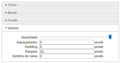 Outras configurações de objeto da caixa