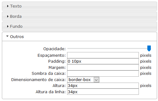 Outras configurações de objeto do filtro refinado