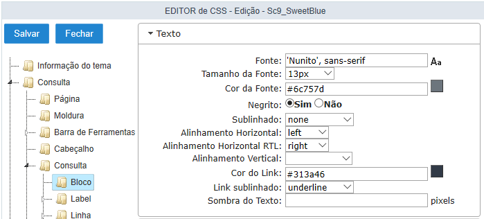 Configurações de Texto do bloco