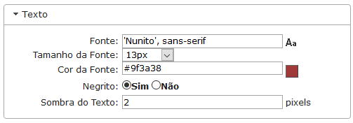 Configurações de Texto dos objetos onFocus da barra de ferramentas