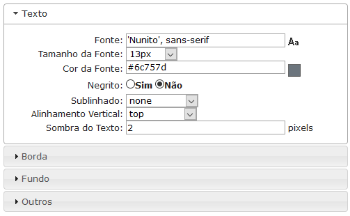 Configurações de Texto do cabeçalho