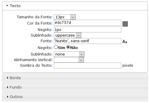 Configurações de Texto do cabeçalho