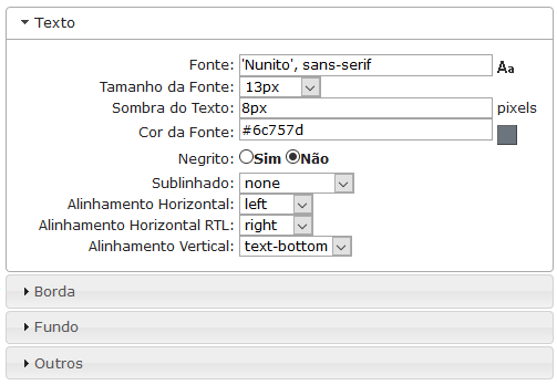 Configurações de Texto do cabeçalho