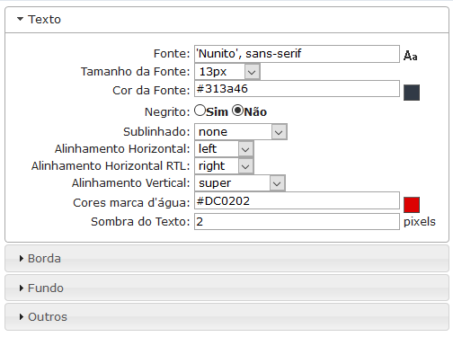 Configurações de Texto do Objeto do Formulário