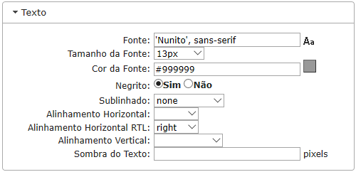 Configurações de Texto do Rodapé