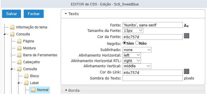 Configurações de Texto normal da Label