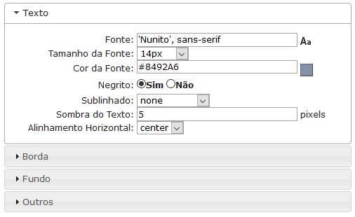 Configurações de Texto da navegação selecionada da barra de ferramentas