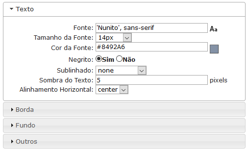 Configurações de Texto da navegação da barra de ferramentas