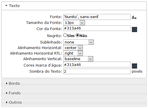 Configurações de Texto dos objetos da barra de ferramentas