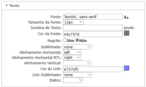 Configurações de Texto normal da Linha do Resumo