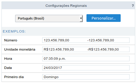 Tela de configuração regional