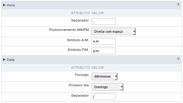 Tela de configuração regional grupo de data e hora