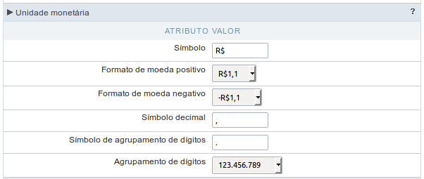 Tela de configuração regional grupo unidade monetária