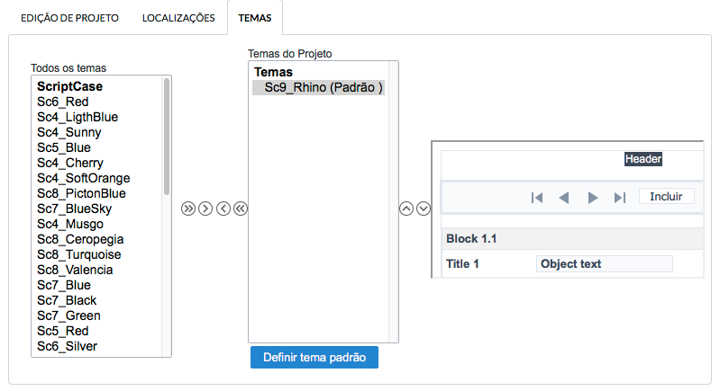 Tela de definição do tema padrão do projeto