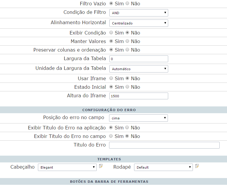 Valores Padrão do projeto - Consulta