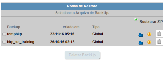 Tela de Restore do backup