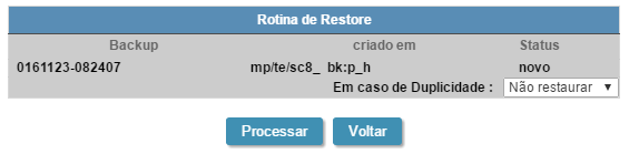 Tela de Restore do backup