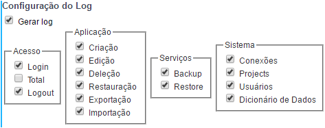 Tela de configuração de log