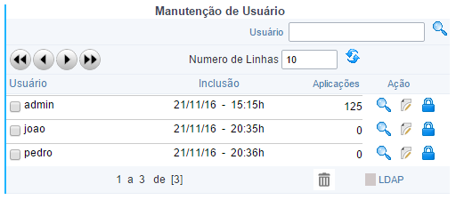 Tela de configuração de log