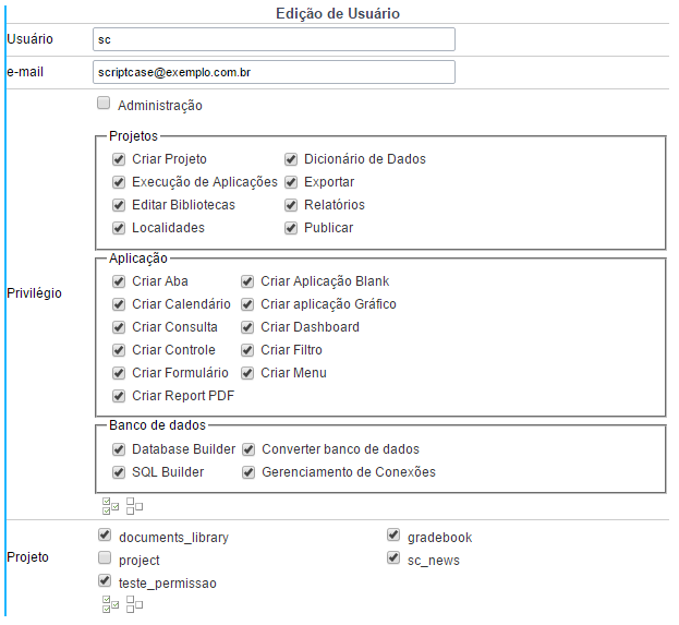 Tela de edição de usuários do Scriptcase