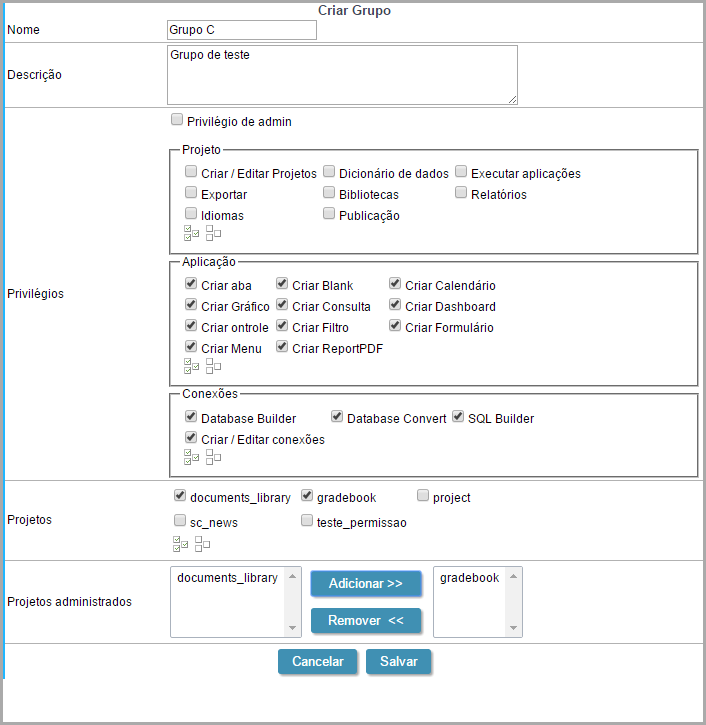 Tela de configuração de log