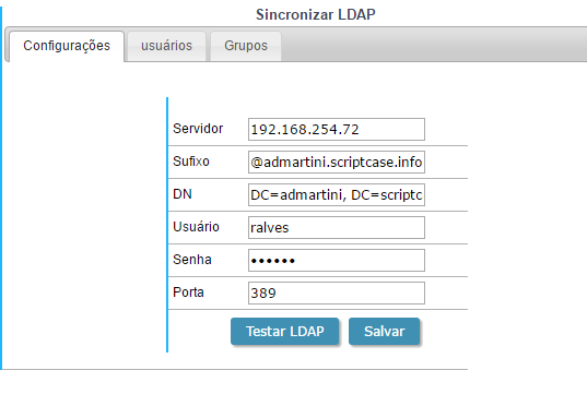 Tela de conexão com o servidor LDAP