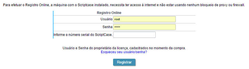 Registro do online do Scriptcase