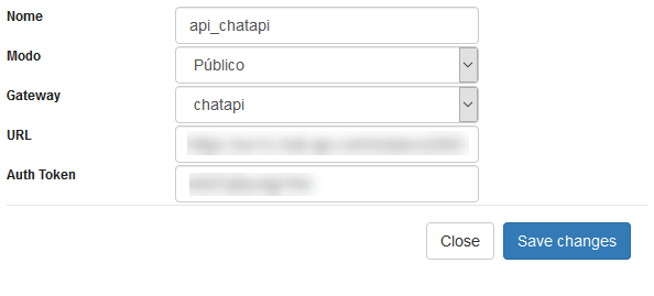 Interface de configuração da API de envio de mensagens no Whatsapp, Chat API, no menu Ferramentas do Scriptcase